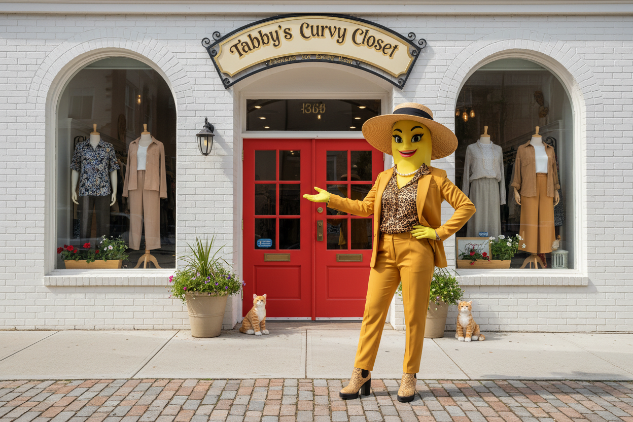 Banana Belle outside Tabby's Curvy Closet storefront